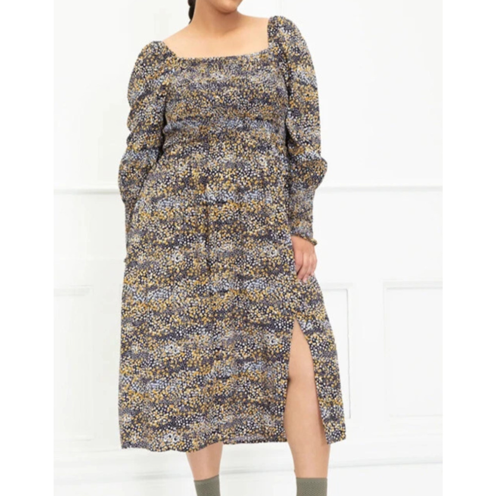 Eloquii Elements Dot Print Smocked Long Sleeve Midi Dress Size 22/24 Cottage